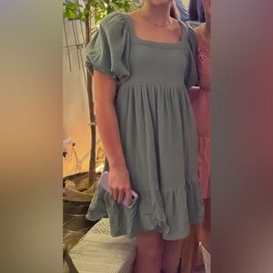 Sage Green Puff Sleeve Mini Dress With Tie Back